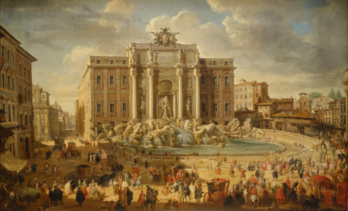 Pope Benidict XIV visits the Trevi Fountain.
