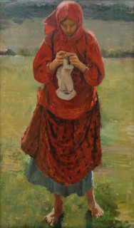 A Peasant girl knitting a stocking.