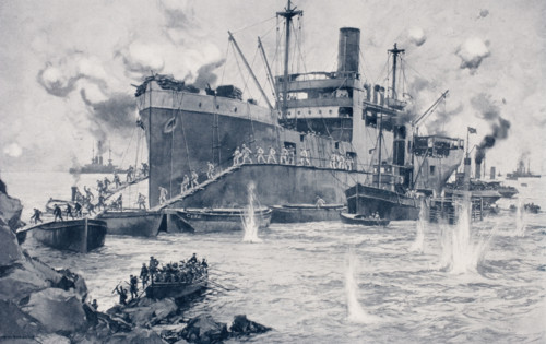British troops landing from the 2000 ton collier River Clyde at Seddul Bahr Gallipoli Turkey April 25th 1915.