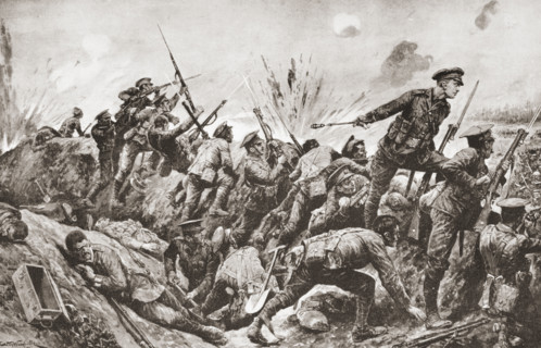 Second-Lieutenant G.H. Woolley winning Victoria Cross in the defense of Hill 60 with his men.  First man from the Territorial Army to win the VC.