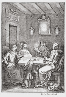 Frontspiece of the 1742 Bolognese edition of The Pentamerone of Giambattista Basile showing the Chiaqlira reading the tales to a sewing party.