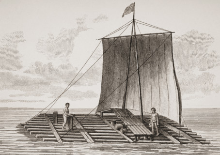 A bolsa wood raft from South America. From a print dated 1820 engraved by Milton after W. Anderson.