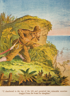 Chromolithographic illustration from Life and Adventures of Robinson Crusoe by Daniel Defoe from a softback edition published circa 1860s.