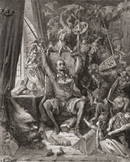 Engraving by Gustave Dore 1832-1883. French artist and illustrator of Don Quixote amongst his books in his library from Don Quixote by Miguel de Cervantes Saavedra.