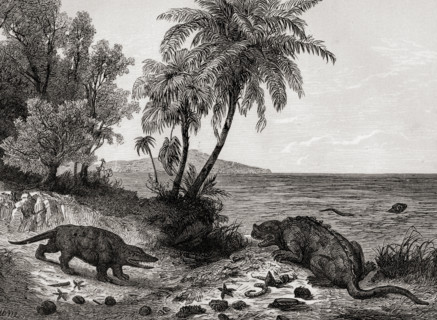Chalk-age landscape. Print from the 1870's.