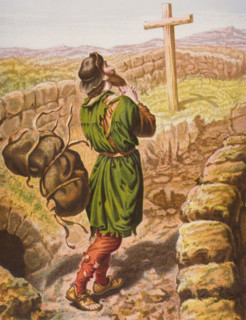 Christian loses his burden at the cross. From the book 'The Pilgrim's Progress' by John Bunyan