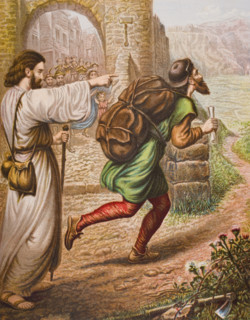 Evangelist directs Christian on his way. From the book 'The Pilgrim's Progress' by John Bunyan