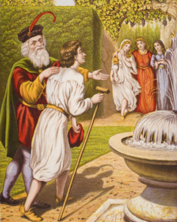 Carnal Security introduces his wife and daughters to Tender Conscience. From the book 'The Pilgrim's Progress' by John Bunyan