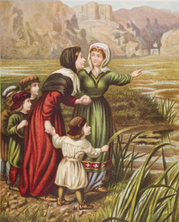 Christiana and Mercy at the Slough of Despond. From the book 'The Pilgrim's Progress' by John Bunyan