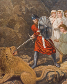 The Pilgrims' meeting with a lion. From the book 'The Pilgrim's Progress' by John Bunyan