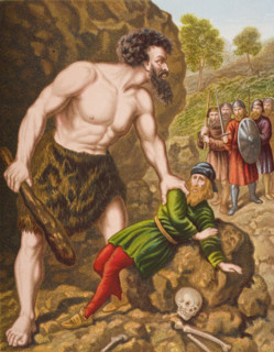 Great-Heart and his companions attack Giant Slay-Good. From the book 'The Pilgrim's Progress' by John Bunyan
