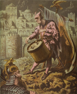 Diabolus's drummer before the walls of Mansoul. From the book 'The Holy War” by John Bunyan