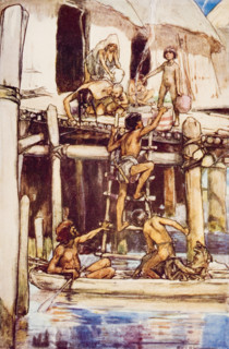 Swiss lake dwellings in the Neolithic Age. Drawn by Alice. B.Woodward from the book The Outline of History by H.G.Wells Volume 1