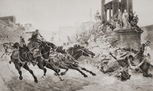 A Roman chariot race.  From the picture by U.Checa from the book The Outline of History by H.G.Wells Volume 1