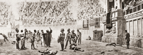 The monk Almachis attempting to stop the gladiatorial combat.  From the picture by Professor Ademollo