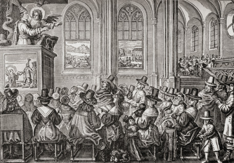 Oliver Cromwell,1599-1658.  English soldier and statesman. Oliver Cromwell preaching to a Puritan congregation. From a Dutch satirical print published in 1651.