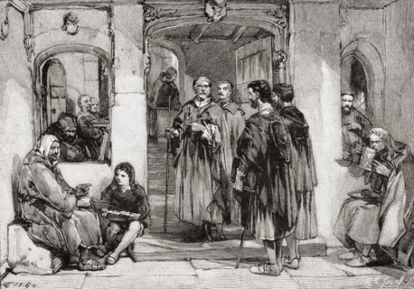 Travellers seeking refreshment:scene at the gate of a monastery.
