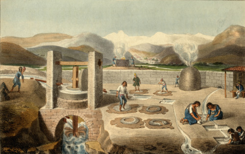 Silver and Copper Works in South America.  Sketched by P.S. on stone by G. Scharf.