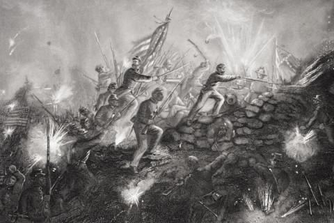 Attack on Fort Wagner on Morris Island South Carolina 1863.  From painting by Thomas Nast.