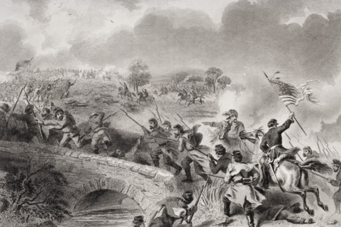 Battle of Antietam near Sharpsburg Maryland 1862.  Taking of the Bridge on Antietam Creek. Artist F.O.C. Darley.