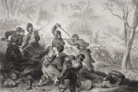 Death of Colonel Edward D. Baker at the Battle of Balls Bluff Virginia 1861. Baker was a sitting US senator.  Artist F.O.C. Darley.