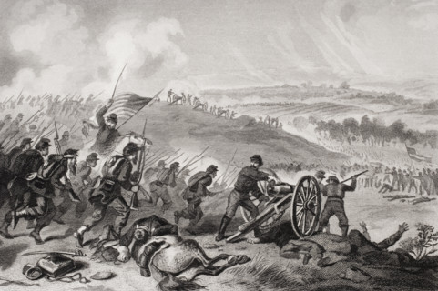 Battle of Gettysburg Pennsylvania July 1863. Final charge of the Union forces at Cemetery Hill.