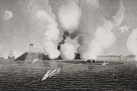First naval combat between iron vessels. The Confederate CSS Virginia formerly the Merrimack left and the Union USS Monitor right at Hampton Roads Virginia.