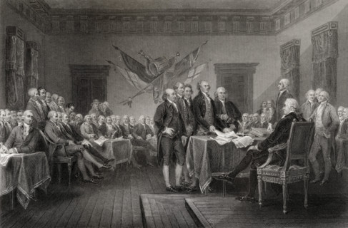 The Declaration of Independence July 1776.  From a 19th century print engraved by W Greatbach after J Trumbull.