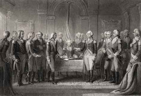 Interview of Howes messenger with Washington 1776.  From a 19th century print engraved by Joseph Stancliffe after M A Wageman.