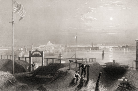 Boston Massachusetts USA from the Dorchester Heights in the 19th century  Engraved by J T Willmore after W H Bartlett.