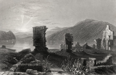 View of the ruins of Fort Ticonderoga.  From a 19th century print engraved by T A Prior after W H Bartlett.