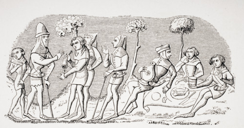 Hunting meal. 19th century reproduction of miniature in manuscript of Livre du Roy Modus.