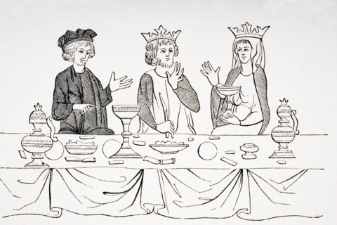 The table of a baron as laid out in the 13th century. 19th century reproduction of miniature from Histoire de St. Graal.