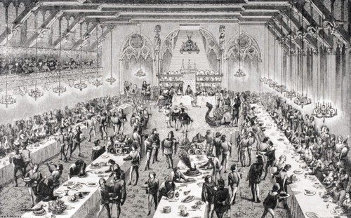 Grand ceremonial banquet at the French court in 14th century. 19th century engraving based on miniatures and narratives of the period. From Dictionnaire du Mobilier Francais by M. Viollet-Leduc.