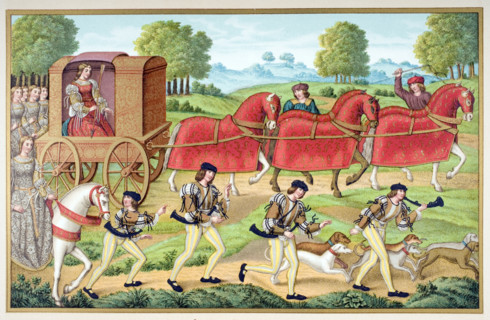 Ladies Hunting. 19th century reproduction of 15th century miniature in manuscript copy of Ovid´s Epistles.