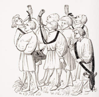 How to shout and blow horns. 19th century reproduction of 15th century miniature in the Manuscript of Phoebus.