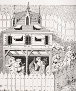 Kennel in which dogs should live and how they should be kept.  19th century reproduction of 15th century miniature in the Manuscript of Phoebus.