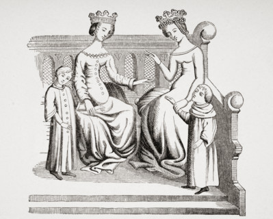 Dress of noble ladies and children in the 14th century. From miniature in Merveilles du Monde.