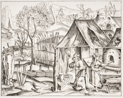 Cultivation of grain by peasants and manufacture of barley and oat bread. 19th century reproduction of a woodcut from an edition of Virgil published at Lyons in 1517.