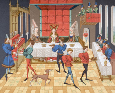 Table service of a lady of quality. 19th century reproduction of 15th century miniature from Romance of Renaud de Montauban.