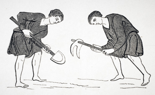 Serfs labouring in fields with hoe and spade after a miniature in 12th century manuscript.