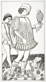 Italian nobleman of the fifteenth century holding hawk. From a playing card engraved on copper circa 1460.