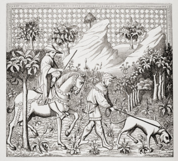 Nobleman in hunting costume with his servant and dog. From 14th century miniature from Des Deduitz de la Chasse des Bestes Sauvaiges by Gaston Phoebus.
