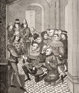 Deputies of the Ghent Burghers beg pardon from Louis II for their revolt against him in 1397. Based on miniature from a book by Froissart.