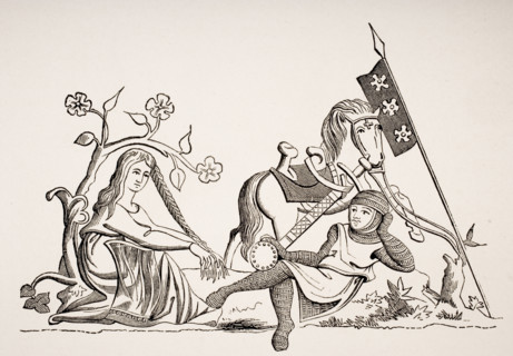 Woman under the safeguard of Knighthood. Allegorical scene with costume from end of 15th century from miniature in Latin Psalm book.