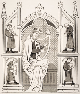 King David playing on the lyre surrounded by four musicians.  All wearing costumes of the 13th century. From miniature in a manuscript psalter.