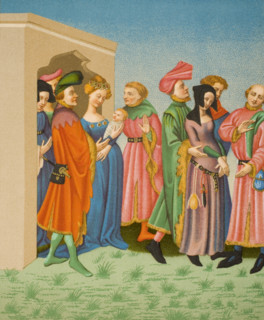 A young mother´s retinue. Parisien costumes at end of 14th century. 19th century copy of miniature from latin Terence owned by King Charles VI.