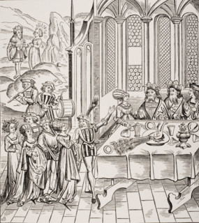 Serving the Peacock at a State Banquet. 19th century copy of woodcut in edition of Virgil published in Lyon 1517.