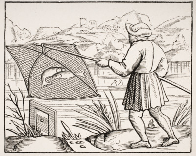 The Pond Fisherman. 19th century copy of woodcut in Cosmographie Universelle dated 1549.