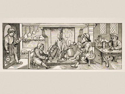 Interior of a 16th century kitchen. Copy of woodcut in Calendarium Romanum by Jean Staeffler printed in Tubingen Germany 1518.